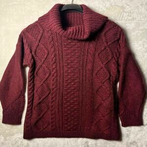 Lands' End Wool Fisherman Sweater Burgundy Cottage Aran Donegal Tweed Women's M
